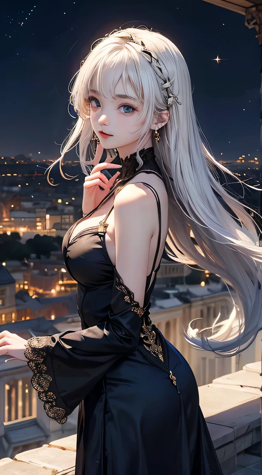 Night scene,（White Hair Girl:1.5）,（（masterpiece））、（detailed：1.4）（Close-up）、angle from above、（Backlight）(A fantastic atmosphere、Ancient Capital、Fantastic beauty images,One Woman、White Dust、Light Danceysterious atmosphere、Suspended particles), (Black Dress、long dress with sleeves、Dancing Girl、Put your hand to your mouth)、（Gray hair that changes with light、Long, lustrous white hair、white hair fluttering in the wind、Beautiful bangs:1.3）、（Beautiful white and shining skin、Cheek gloss highlight、Sexy and very beautiful and adorable face、The most beautiful face in the world、Big, sparkling blue eyes）、（A cute 2 girl、Ample breasts、Great cleavage small waist、delicate shoulders、Perfect figure） Look here、Laugh mischievously
