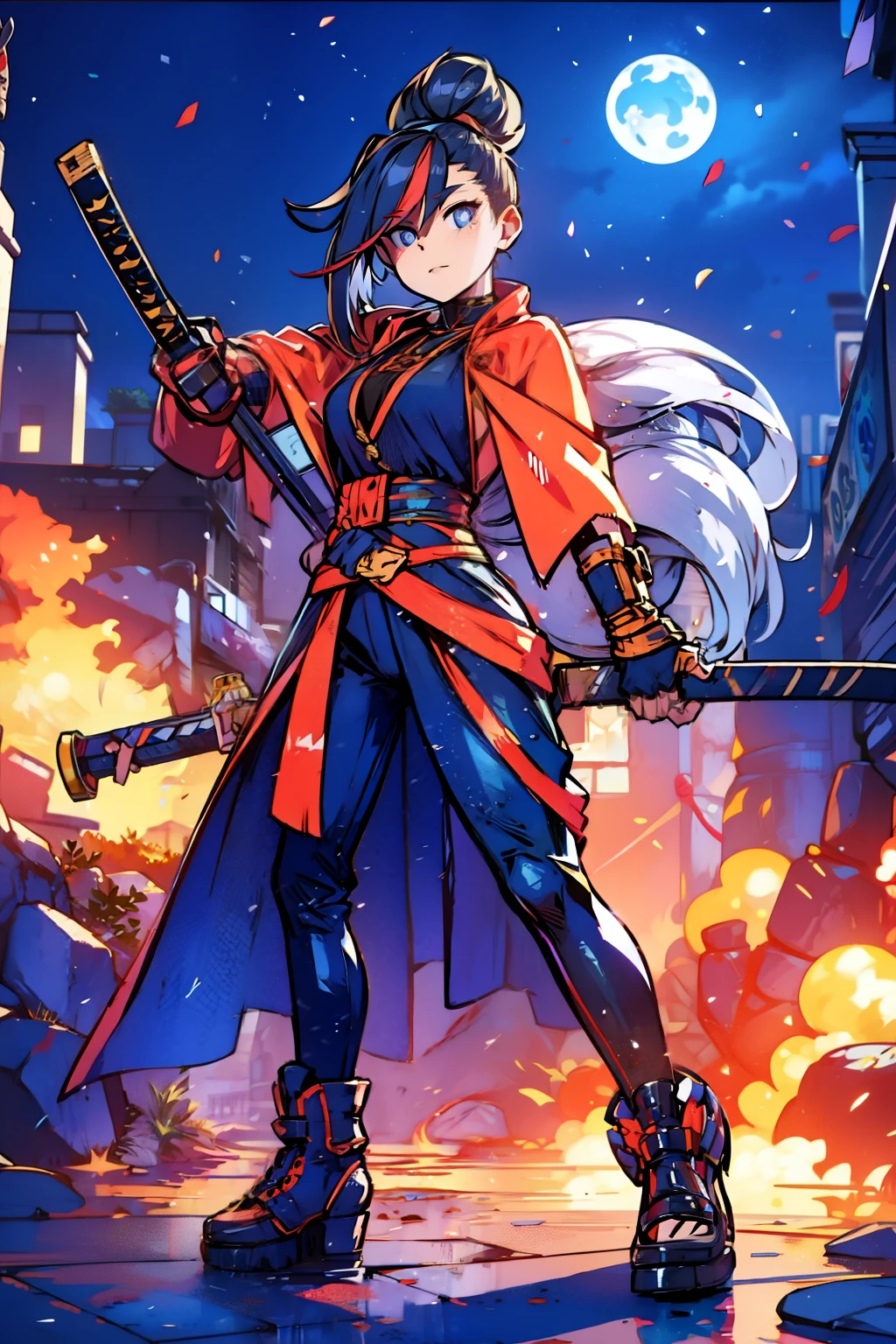 gorgeous woman, holding a giant katana on her shoulder, perfect face, ultra long hair, standing, ultra detailed face, kunoichi, perfect giant katana, heavy katana