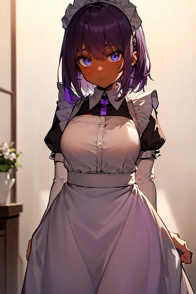 masterpiece, highest quality,High resolution, One girl, Bokeh Depth of Field, shiny blue eyes, (Dark Skin:2) ,(Maid clothes:1.5), One girl , indoor,apartment, Look at the viewers, Princess Cut, Cowboy Shot, (Outer dark brown hair, Bright purple hair inside:1.75),