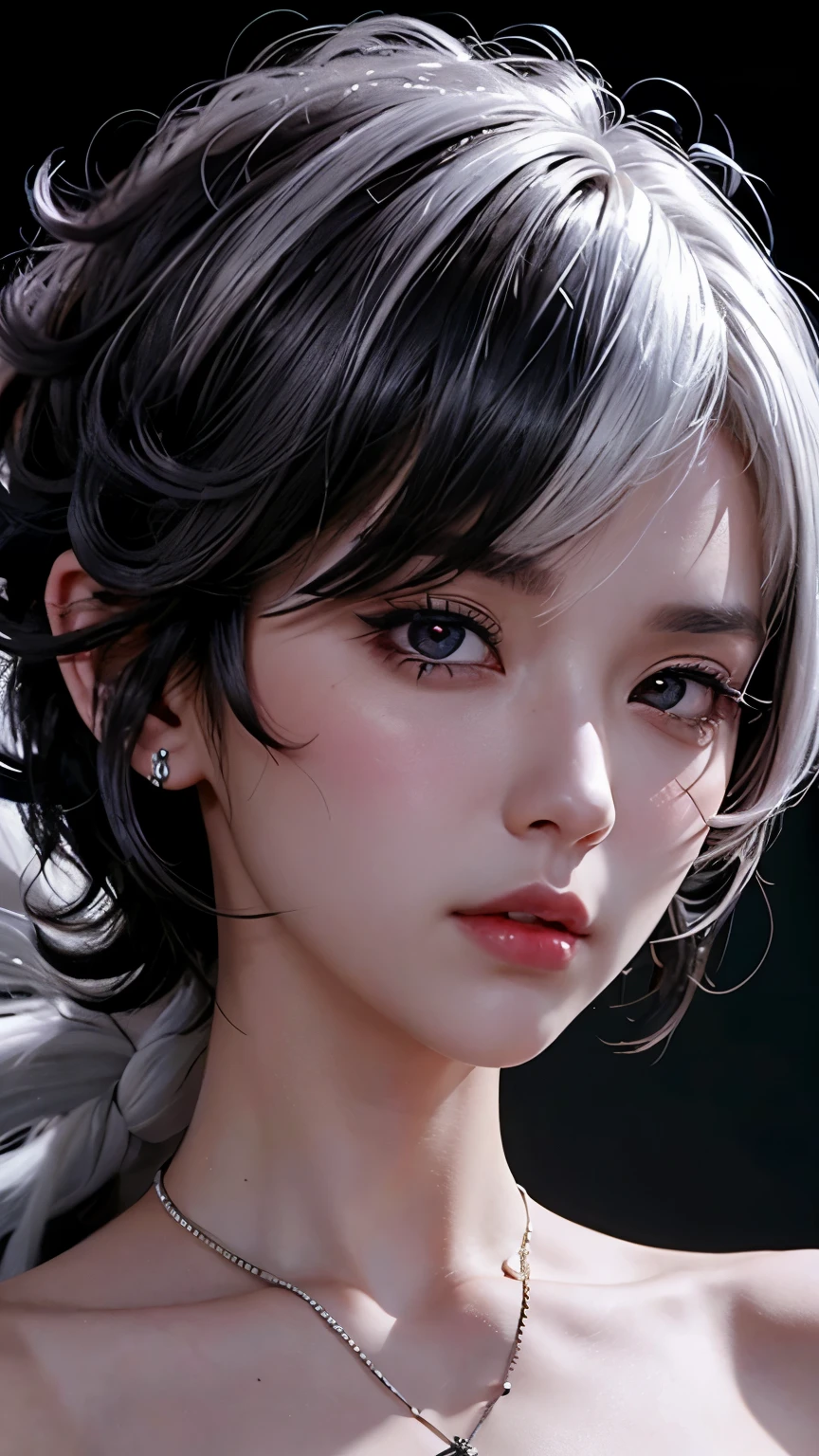 1girl，Short curly hair，White hair and black hair，（black eyes：1.7）（Red X-shaped pupil：1.7 ),Cold，Tailed fox，high quality，Ultra Detailed，masterpiece，lifelike