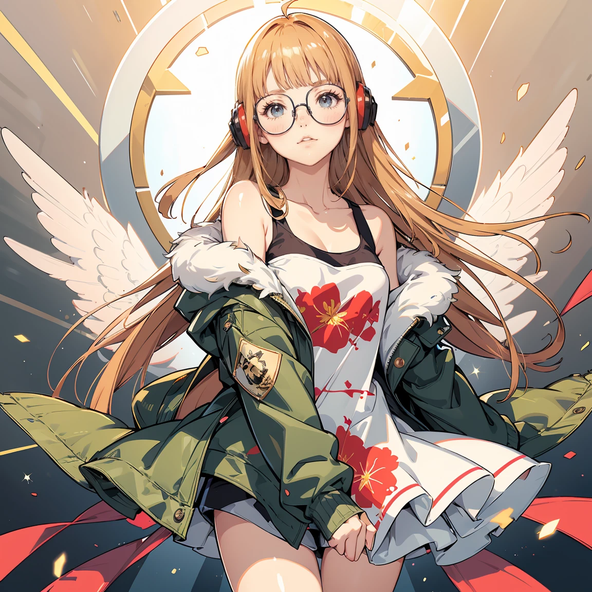 Pieces fly, highest quality, High resolution, 1 girl, futaba sakura, Blunt bangs, glasses, Black frame glasses, Ahoge,オレンジcolorの髪、  紫colorの目、 glasses, Headphones,  , a jacket is a jacket, Off the shoulder, Fur trim, fur-trimmed jacket, Green jacket, Shorts, ,Golden Hour,A smile showing fangs、1 Black Cat、futaba sakura、目が紫color、オレンジcolorの髪、Glass Easter Pieces、highest quality、Official Art、An illustration、clear lines、(nice_color)、Perfect composition、concentrated、Accurate, Anatomically correct、 、High resolution, Beautiful sparkle, Pieces fly*Portraits, 3D Face, reality, (Pieces fly: 1.3), (Maximum resolution: 1.2), (Ultra HD TV: 1.2), Cinema Lights, 8k resolution, no ,masterpiece、highest quality、Super detailed、(((Glossy Lips: 1.4)))Pretty face, Accurate, Anatomically correct, noConsistently detailed face and skin texture, Fine grain, double eyelid, tThin eyebrows、 Pale skin, Glowing skin all over the body, Perfect Face,Consistently detailed face and skin texture, Fine grain, double eyelid, Thin eyebrows,natural cheeks, Shiny skin, color白, Glowing Skin: 1.2, (Glossy Lips: 1.4), (((最高にbeautiful girl)))、(((beautiful girl)))、（A little blush）、（Pretty face）、
Delicate and beautiful hair, Delicate and beautiful eyes and face, (Beautiful, gorgeous and cute western women:1.3),)(((Very Pretty face))))(((Long eyelashes))))(((circular sparkling eyes)))(((Glossy and Glossy Lips)))
(((Slightly reddish cheeks:0.8)))(((clean, Straight nose bridge)))、(((Cowboy Shot))),Stickers, Close-up of face、Focus on the face、 In a circle, 白colorの背景, Cyber World Background，Gold-rimmed，simple, View details in viewer, Detail view, Vectorized, silhouette, 8k, プロフェッショナルなStickersデザイン, Flat Design, Vector line, Stickers, drawing,