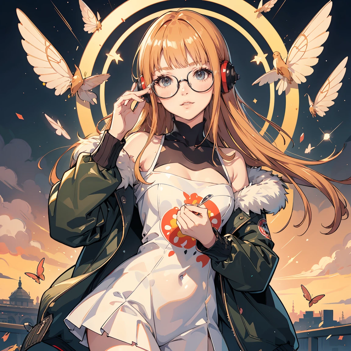 Pieces fly, highest quality, High resolution, 1 girl, futaba sakura, Blunt bangs, glasses, Black frame glasses, Ahoge,オレンジcolorの髪、  紫colorの目、 glasses, Headphones,  , a jacket is a jacket, Off the shoulder, Fur trim, fur-trimmed jacket, Green jacket, Shorts, ,Golden Hour,A smile showing fangs、1 Black Cat、futaba sakura、目が紫color、オレンジcolorの髪、Glass Easter Pieces、highest quality、Official Art、An illustration、clear lines、(nice_color)、Perfect composition、concentrated、Accurate, Anatomically correct、 、High resolution, Beautiful sparkle, Pieces fly*Portraits, 3D Face, reality, (Pieces fly: 1.3), (Maximum resolution: 1.2), (Ultra HD TV: 1.2), Cinema Lights, 8k resolution, no ,masterpiece、highest quality、Super detailed、(((Glossy Lips: 1.4)))Pretty face, Accurate, Anatomically correct, noConsistently detailed face and skin texture, Fine grain, double eyelid, tThin eyebrows、 Pale skin, Glowing skin all over the body, Perfect Face,Consistently detailed face and skin texture, Fine grain, double eyelid, Thin eyebrows,natural cheeks, Shiny skin, color白, Glowing Skin: 1.2, (Glossy Lips: 1.4), (((最高にbeautiful girl)))、(((beautiful girl)))、（A little blush）、（Pretty face）、
Delicate and beautiful hair, Delicate and beautiful eyes and face, (Beautiful, gorgeous and cute western women:1.3),)(((Very Pretty face))))(((Long eyelashes))))(((circular sparkling eyes)))(((Glossy and Glossy Lips)))
(((Slightly reddish cheeks:0.8)))(((clean, Straight nose bridge)))、(((Cowboy Shot))),Stickers, Close-up of face、Focus on the face、 In a circle, 白colorの背景, Cyber World Background，Gold-rimmed，simple, View details in viewer, Detail view, Vectorized, silhouette, 8k, プロフェッショナルなStickersデザイン, Flat Design, Vector line, Stickers, drawing,