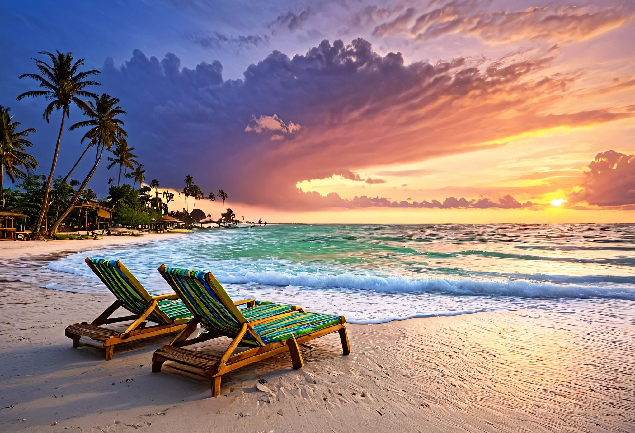 National Geographic photographer:1.4, beaches of Indonesia, landscape of a paradisiacal beach, palm trees, white sand, seagulls, beach chairs, beautiful waves breaking on the beach, colors of a sunset with some clouds, sun falls illuminating the waters photograph taken by a professional photographer:1.5, representative of this beautiful tourist landscape, magical, masterpiece, photography awarded for its beauty, vivid and harmonious colors, cinematic lighting, 32k