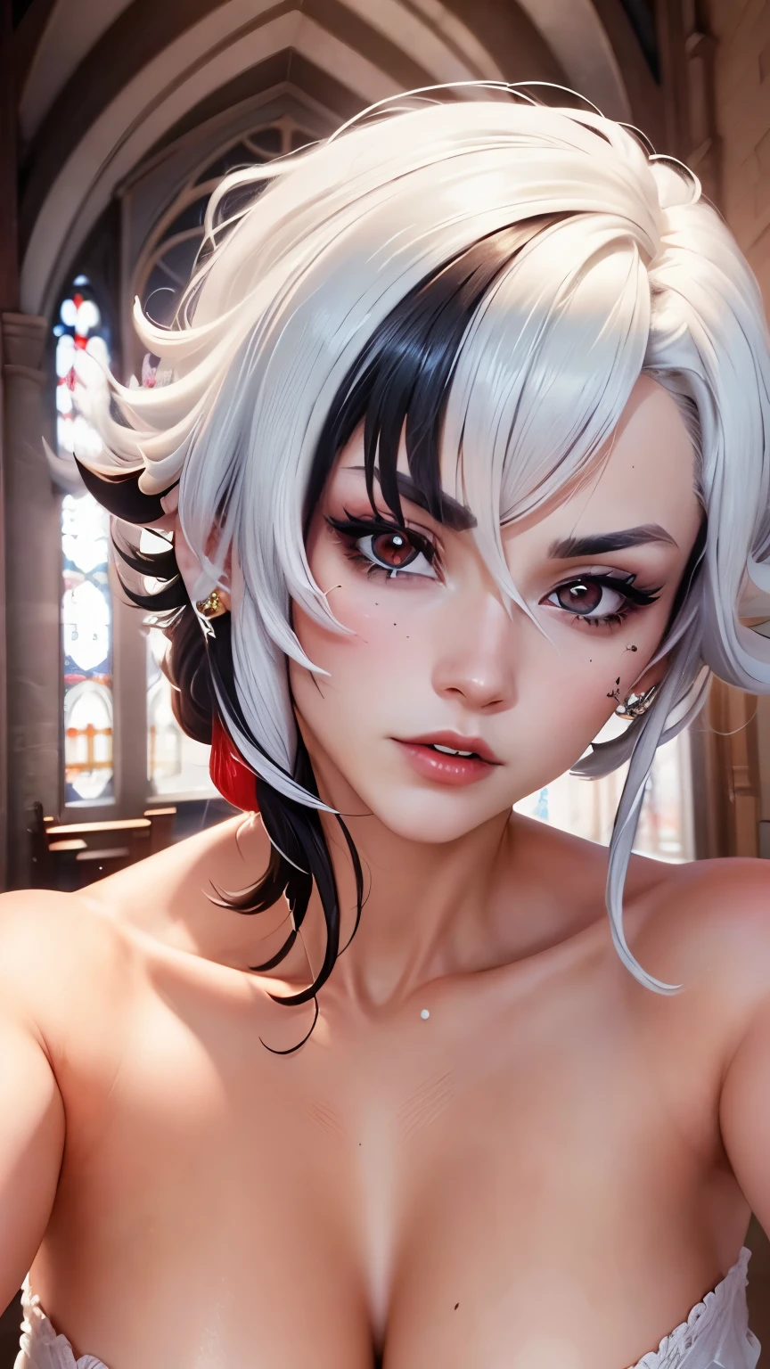 Ultra HD，precise，masterpiece，Anatomically correct，Textured Skin，Ultra Detail，Best quality，16k，1080P，SOLO，（1 female，Short curly hair，White hair and black hair），（black eyes：1.7）（Red X-shaped pupil：1.7 ),Cold，(Face Focus:1.4),(in church),(Genshin Impact/Arlecchino)