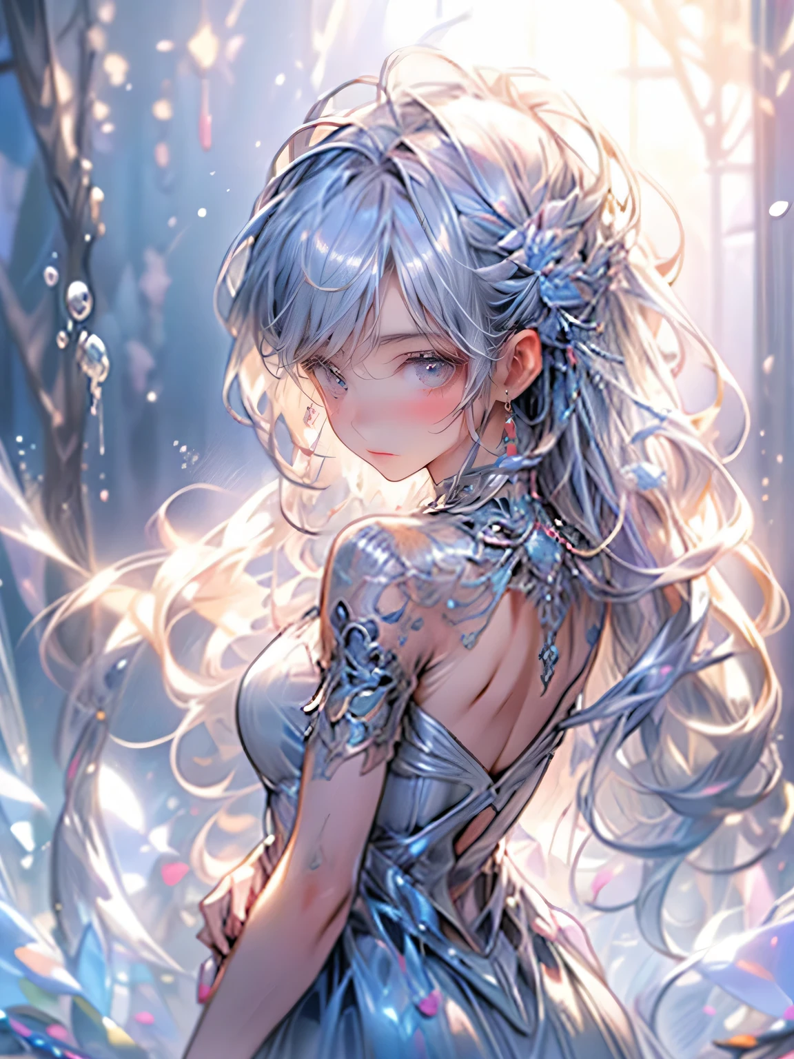 (cowboyshot, from behind), cute girl(chibi:1.2), wareing a transparent wine red jelly dress,(best quality,4k,8k,highres,masterpiece:1.2),ultra-detailed,ethereal lighting,flowing fabric effect,vivid colors,glowing jellyfish-like patterns,underwater scenery,wine red tones,delicate ripples and movements,hauntingly beautiful,(realistic,photorealistic,photo-realistic:1.37),dreamlike atmosphere,sparkling rays of sunlight,subtle reflections,soft focus,sublime elegance,graceful posing, (too many bubbles:1.2)