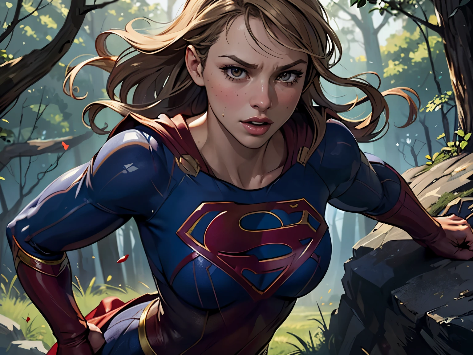 ((highest quality)), ((masterpiece)), (be familiar with), (High definition), (Realistic), (Realistic), (Best Shadow), Low contrast, (Complex:1.4), Side lighting, 8K, ((melissa Benoist)), ((SUPER GIRL)), Perfect Face、Detailed、(Accurate hand and finger depiction)、supergirl women、Blonde、Voluptuous body、Large Breasts、Narrow waist、Big Ass、Alluring、glamorous、(Action Scenes)、((Punching an enemy:1.2))、sweating、On the grass、in the deep forest、blue sky、((Upper body close-up:1.2))