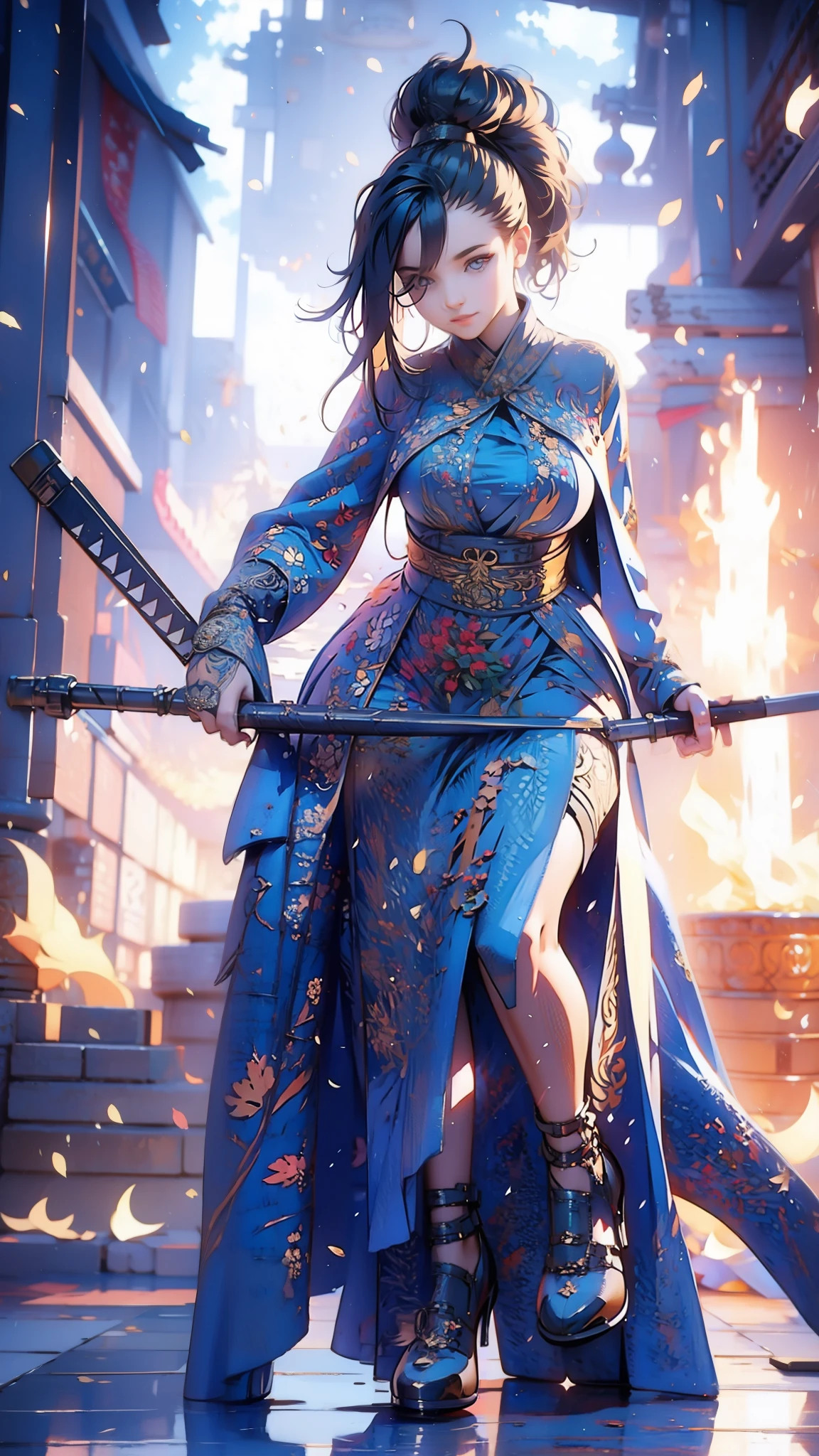 gorgeous woman, holding a giant katana on her shoulder, perfect face, ultra long hair, standing, ultra detailed face, kunoichi, perfect giant katana, heavy katana