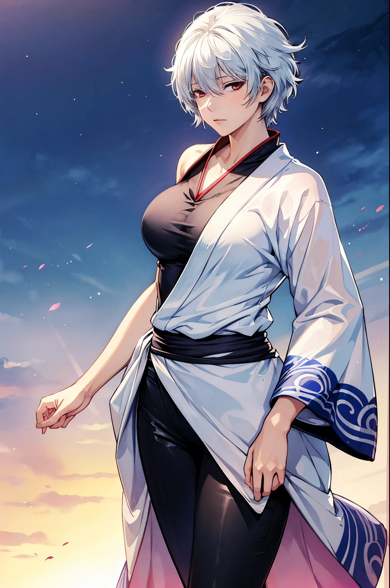 (masterpiece, best quality:1.2), expressive eyes, perfect face, highres, 1girl, solo, (female:1.5), sakata gintoki, gintoki kimono, silver hair, short hair, scarlet eyes, gintoki outfit, open clothes, black pants, standing, ((upper body)), looking at the viewer, dynamic view
