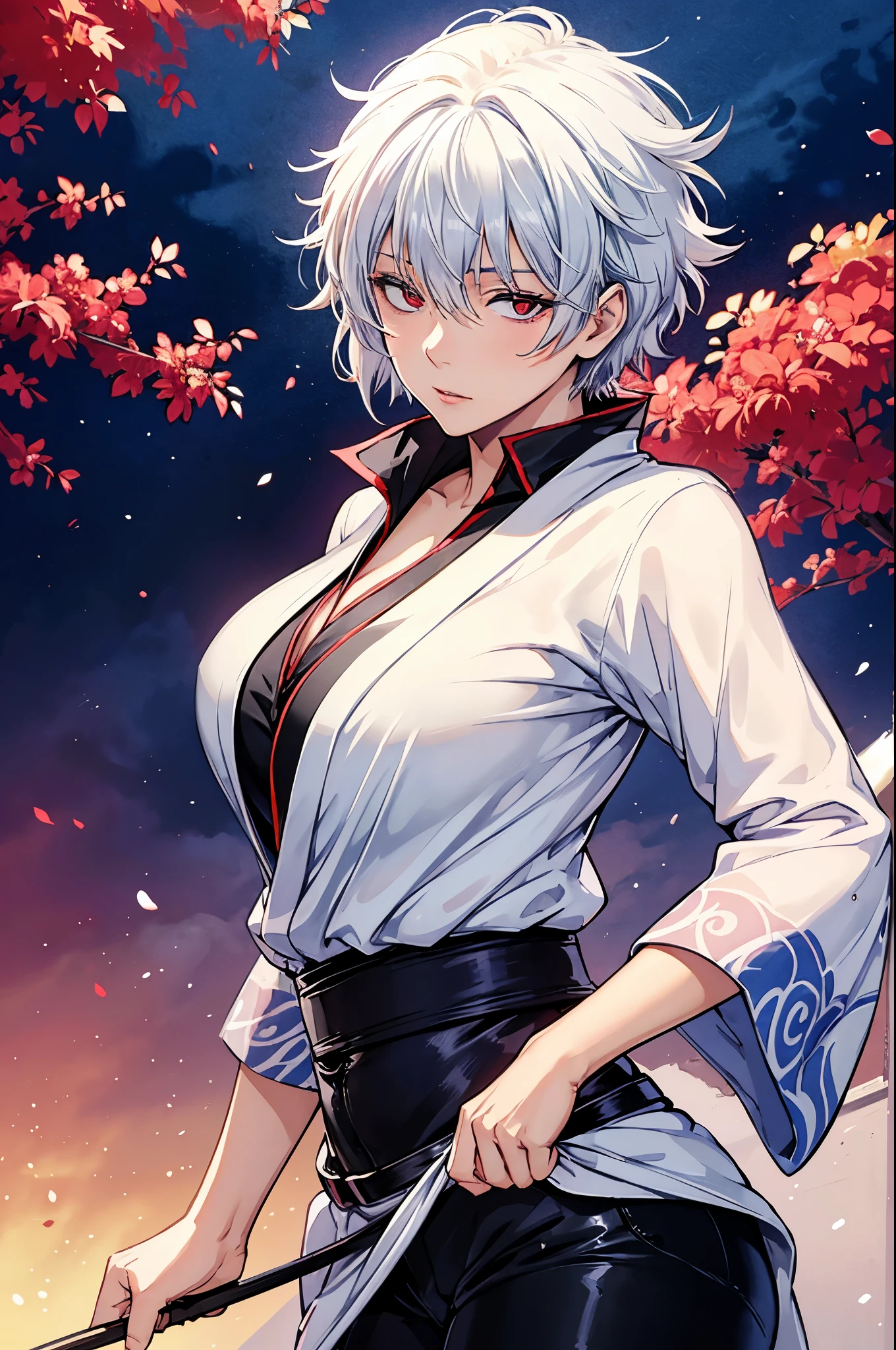 (masterpiece, best quality:1.2), expressive eyes, perfect face, highres, 1girl, solo, (female:1.5), sakata gintoki, gintoki kimono, silver hair, short hair, scarlet eyes, gintoki outfit, open clothes, black pants, standing, ((upper body)), looking at the viewer, dynamic view
