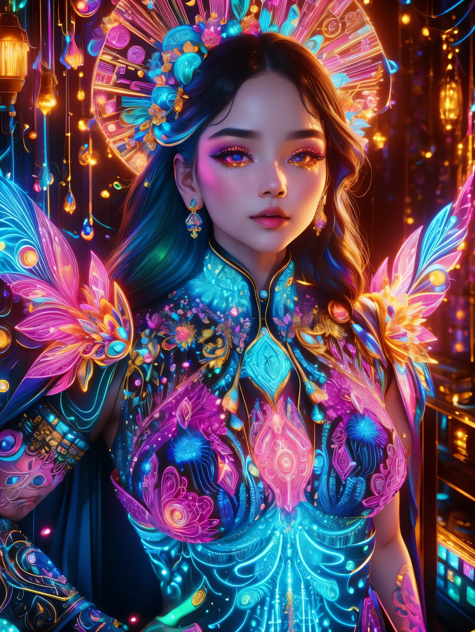 (Neon)，Circuit Board，(1girl:1.3)，(Beautiful Girl:1.2)，Extremely detailed，(Fractal Art:1.2)，Colorful，The most detailed，(zentangle Neon:1.2)，(Dynamic poses)，(Neon几何背景:1.5)，(Red Wedding Dress:1.2)，(Glowing skin)，(Many colors:1.4)，Dark Magic，(Magical shape，Face highlighting)，fashionable，Texture，Light and Shadow Art，Sunshine on the face，Cardamom age，(Exquisite and perfect demeanor:1.3)，(dream)，(Ultra HD, masterpiece, precise, Anatomically correct, textured skin, High Detail, high quality, The award-winning, 8k)