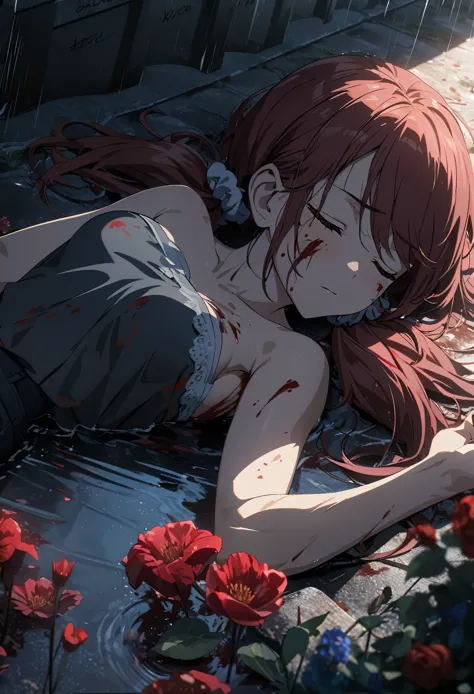 anime, ((close up, from above, unconscious, laying on ground, eyes closed,dark red hair, blood, blood on face, blood on clothes)...