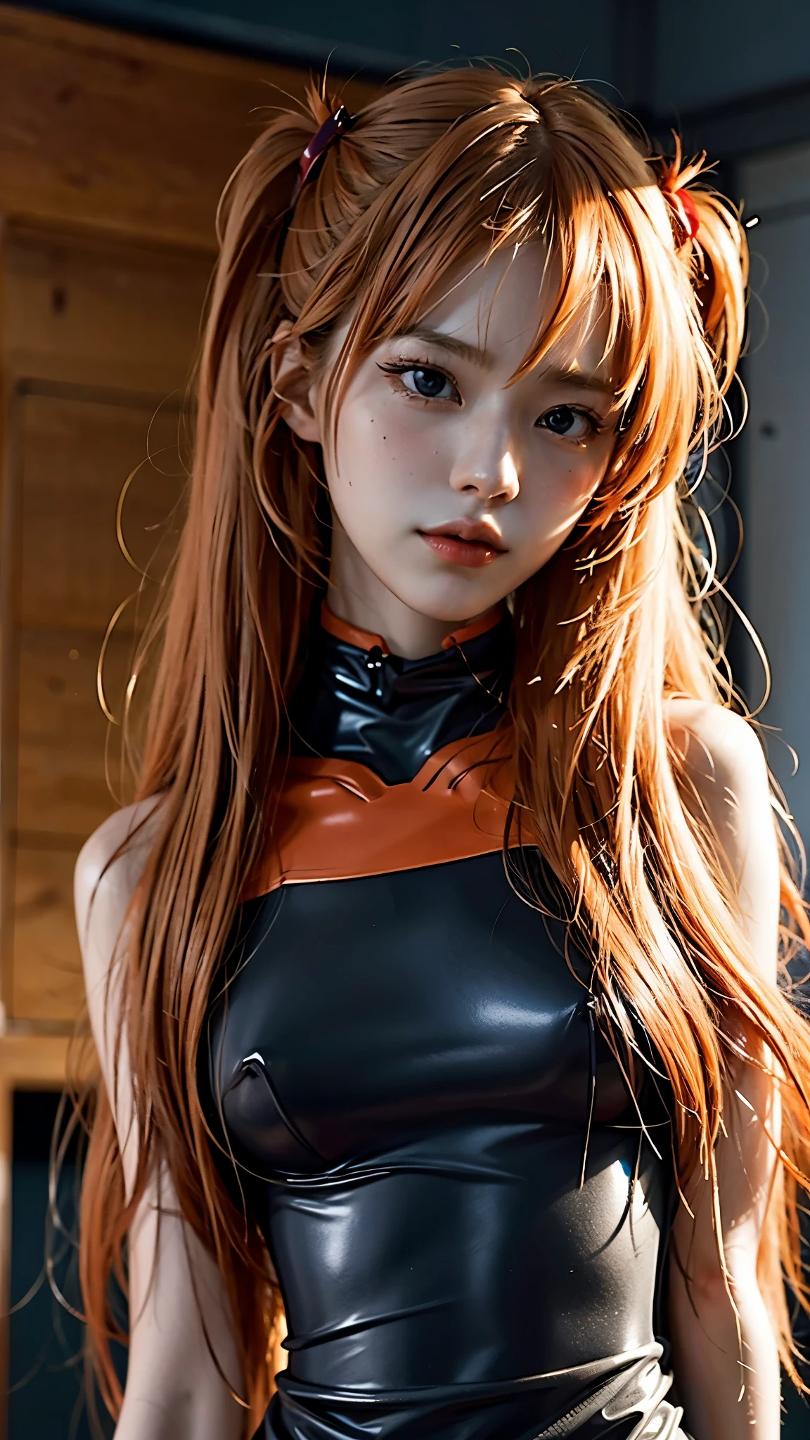 Neon Genesis Evangelion Asuka Langley, Amazing woman, Fashion clothing.Girly clothing,Ordinary girl fashion，superb, amazing, Ultra-high image quality, Practical, girl, (beautiful face 1.4), (Large target, Tighten your waist), Long hair, indoors, bokeh, Beautiful light, Glowing skin, Small head, Smile,whole body