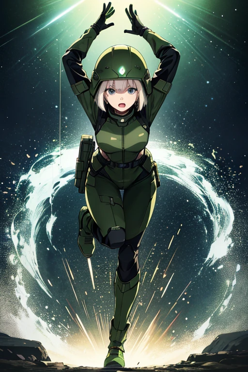 Anime Art、Full body portrait、Space Sci-Fi Soldier、The person attacking was a female soldier, about 165cm tall and about 28 years old, wearing a silver uniform.、Open mouth and screaming、Short bob silver hair、Silver Eyeilitary boots、Silver bulletproof vest、