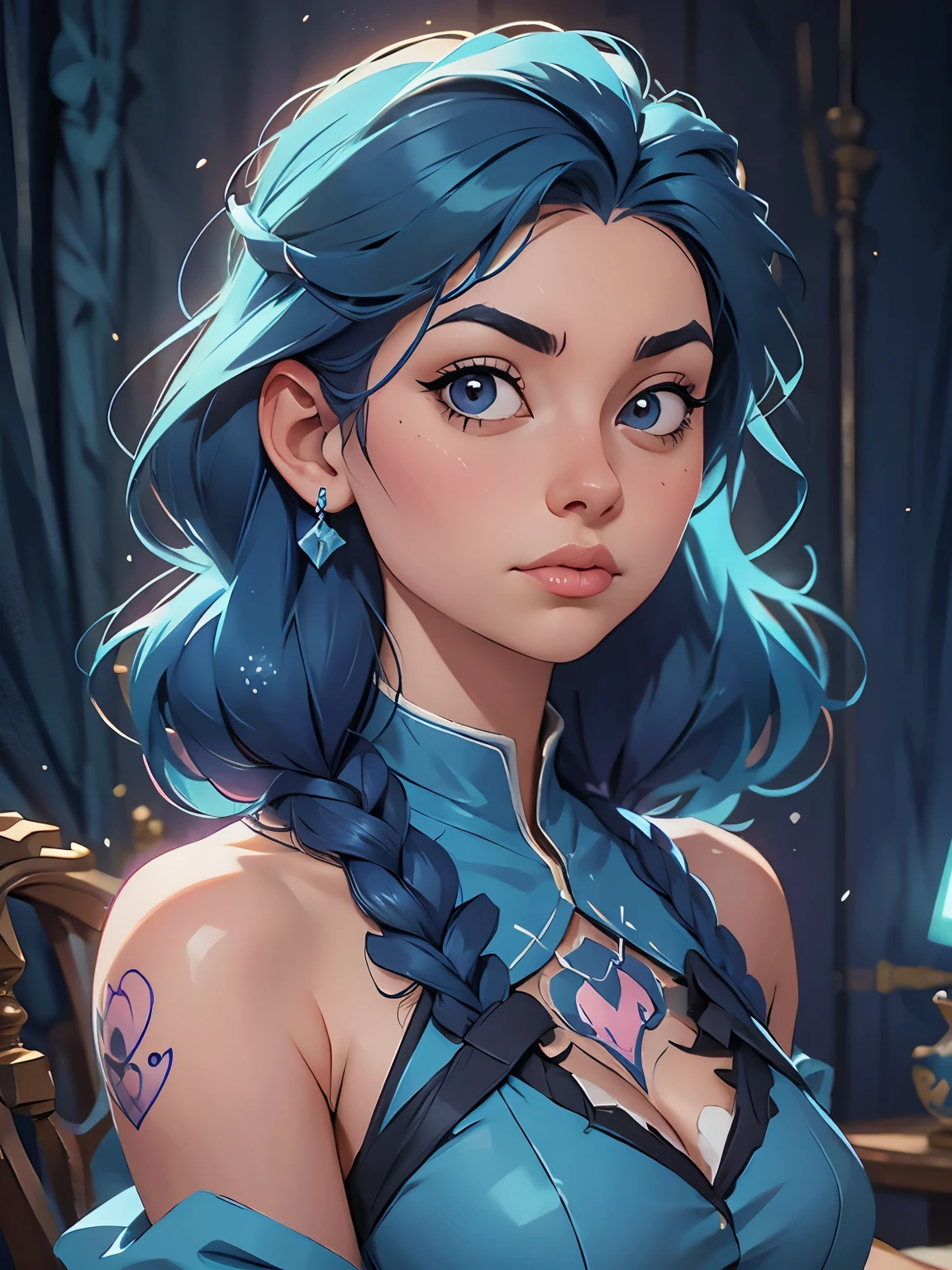 a drawing of a woman with blue hair and a skull on her chest, concept art inspired by Lois van Baarle, Artstation, fantasy art, jen bartel, lois van baarle and rossdraws, blue diamond, glowing blue face, :: rossdraws, rossdraws cartoon vibrant, rhads and lois van baarle, rossdraws 2. 0