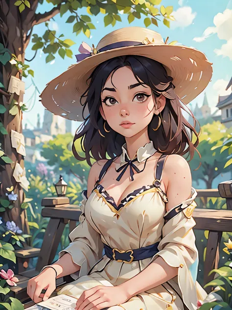 painting of a woman in a dress and hat sitting in a garden, an anime drawing by Yang J, Artstation, fantasy art, artwork in the ...