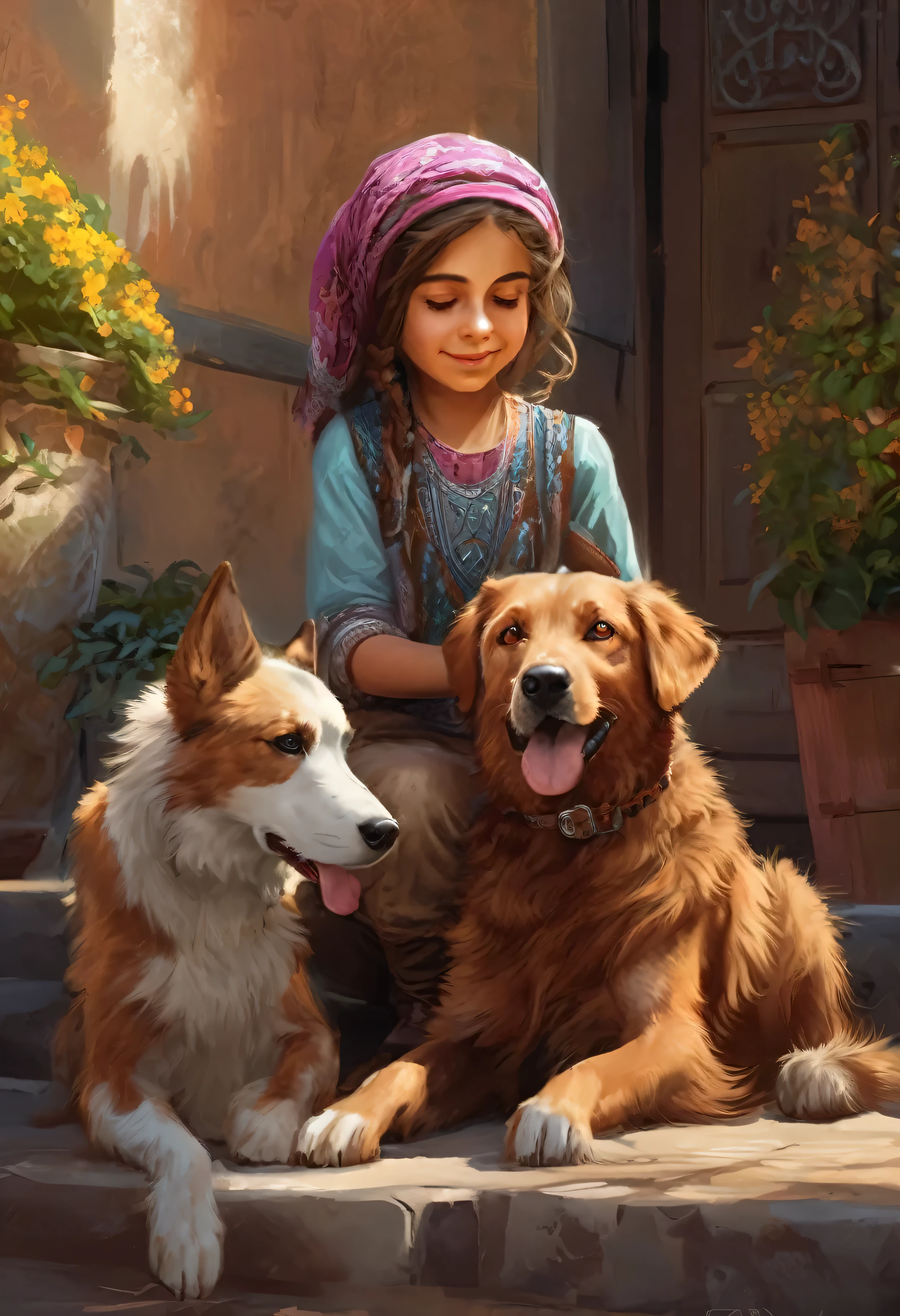 soulwarming, a little turkish girl petting a dog, friendship,  kerem beyit,  a digital painting, very cute and childlike, ultra realistic, beautiful, extremely detailed, compimentary colors, wadim kashin professional, award-winning, trending on artstation 
