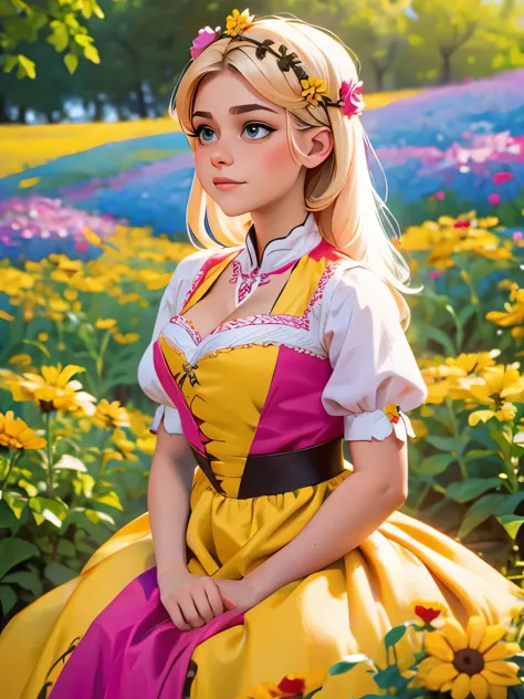 a close up of a woman wearing a colorful dress and a flower crown, ukrainian girl, traditional romanian clothing, ukrainian nati...