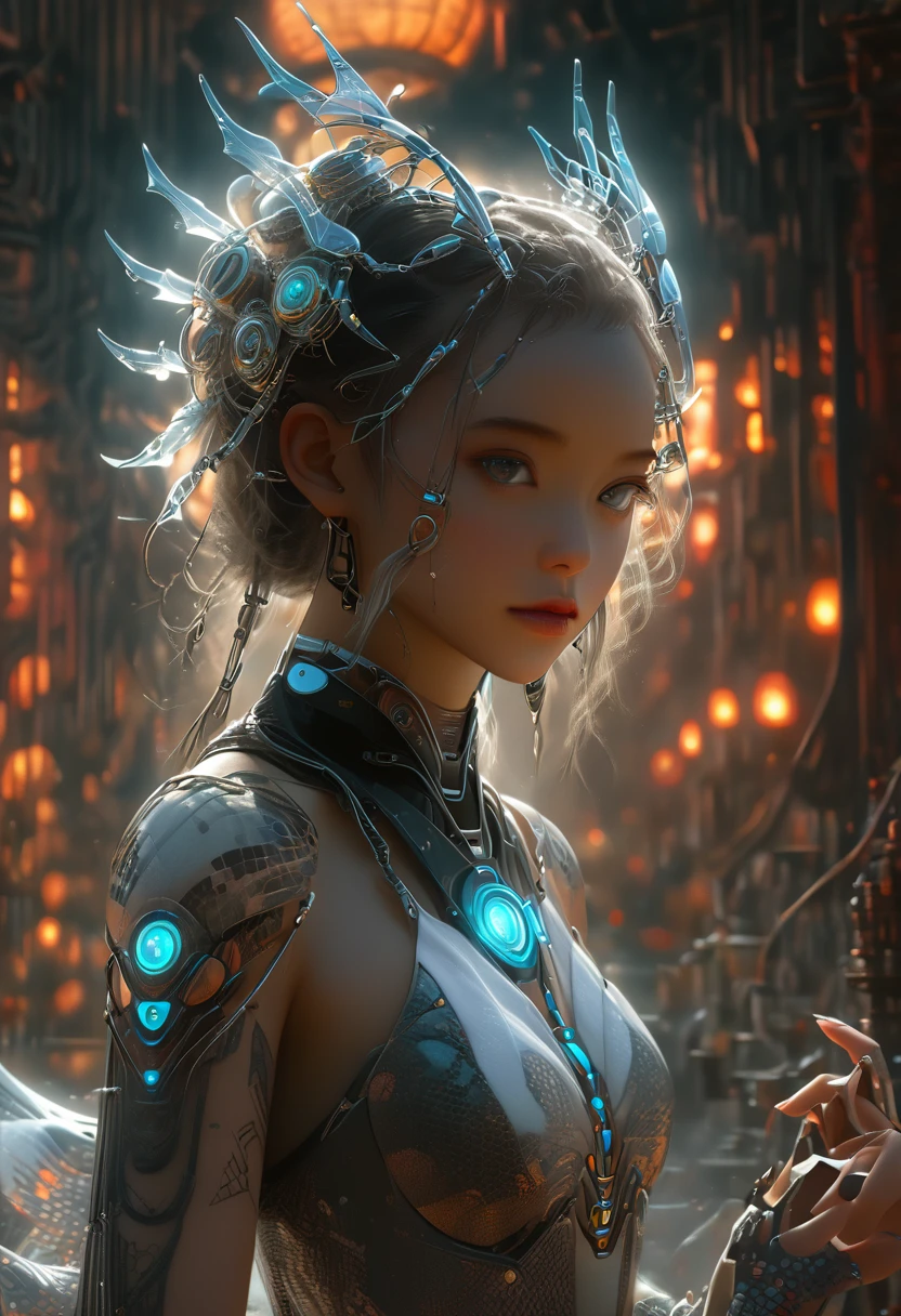 POV, cyborg, loli, upper body, biomechanical, glowing scales, ethereal background, mystical atmosphere, colorfu, intricate patterns, atmosphere, ultra high res, (photorealistic:1.4), raw photo,16K,dramatic lighting,