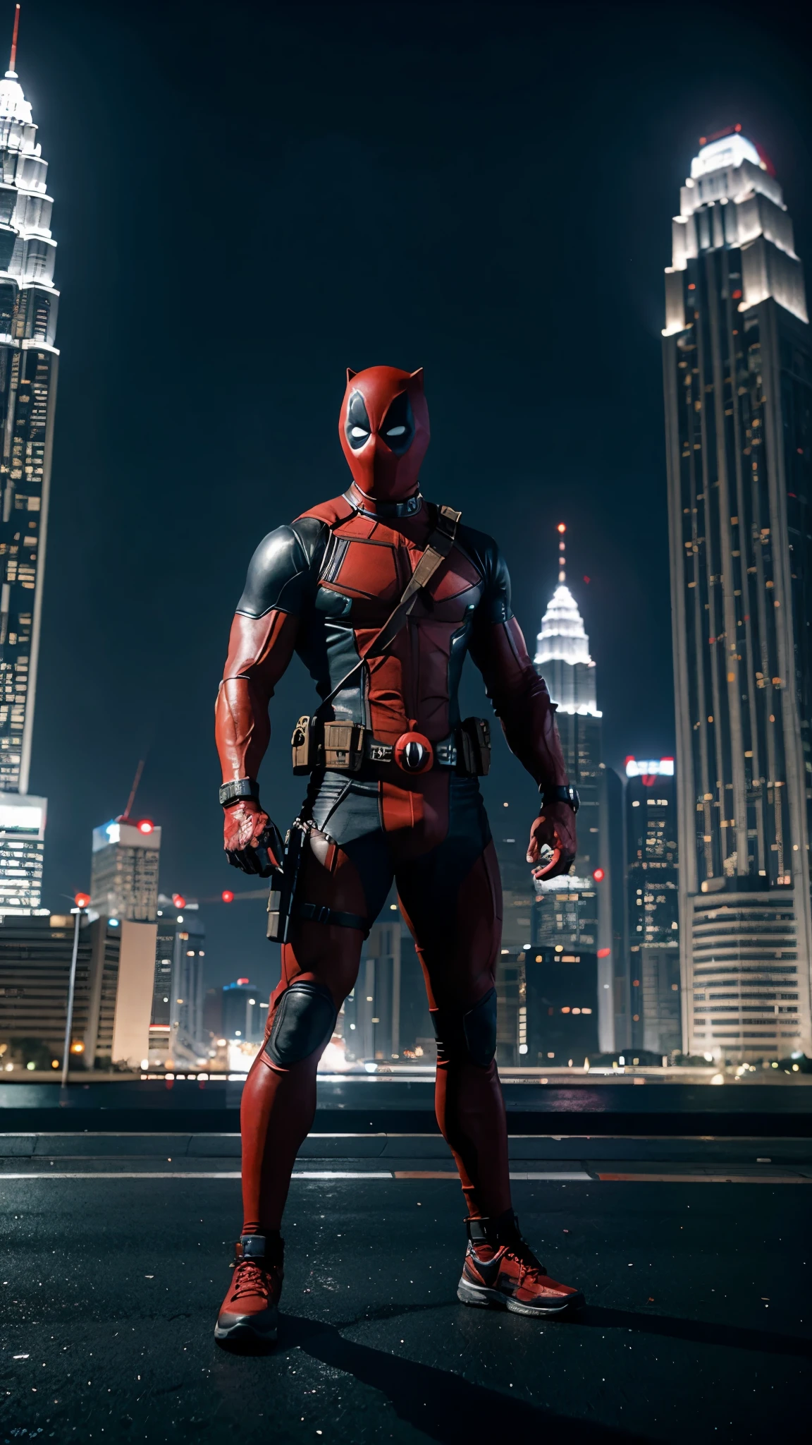 Marvel anti hero Deadpool, Muscular, nice abs and biceps, noticeable nice heavy bulge in crotch area, in Kuala Lumpur city background at night, cinematic photography, UHD, HDR