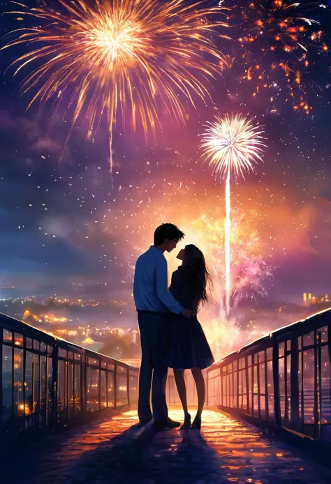 ((love confession)), ((Couple)), night, ((Under the fireworks)), (((masterpiece))), (best quality), (ultra detail), (very_high_resolution), (large_filesize), (full color)