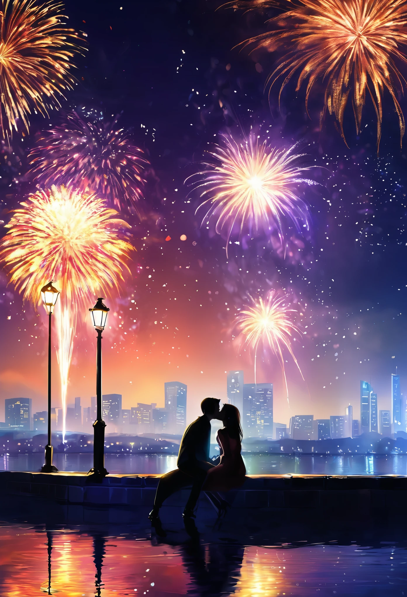 ((love confession)), ((Couple)), night, ((Under the fireworks)), (((masterpiece))), (best quality), (ultra detail), (very_high_resolution), (large_filesize), (full color)