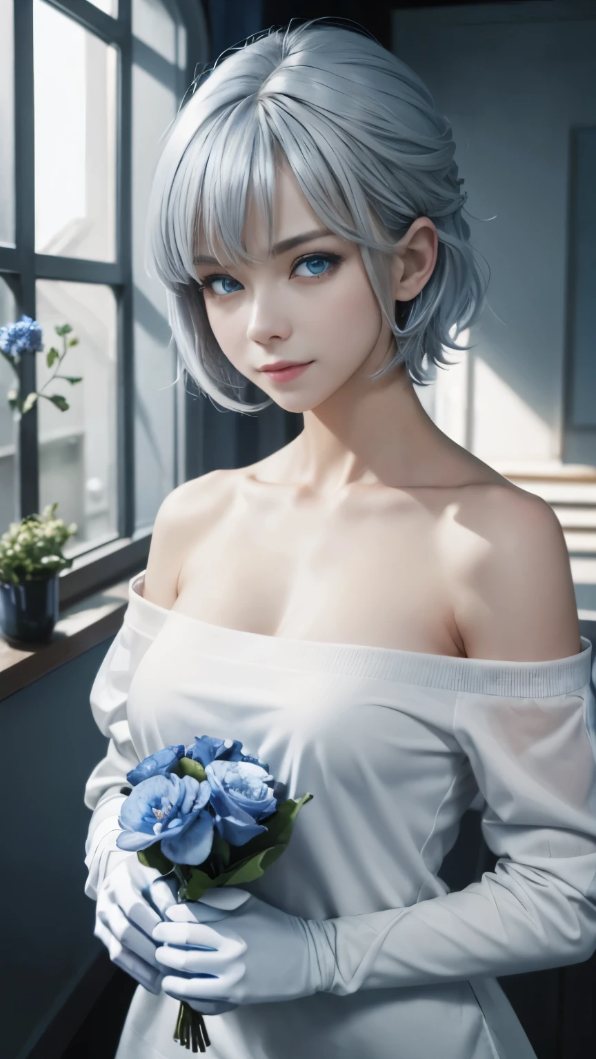 One girl, Bethel, blue eyes, Exposing shoulders, chest,中chest, short hair, platinum silver hair, Hair on one eye, bangs, gloves, No sleeve, alone, shirt, エレガントなgloves, white shirt, No sleeve shirt, Put your arms behind your back, Off the shoulder, horn, smile, Anatomically accurate depiction, (masterpiece), (highest quality), (16k raw photos:1.5), (Super detailed), indoor, Room decorated with flowers,blue flower,Cobalt Blue Flowers々, 