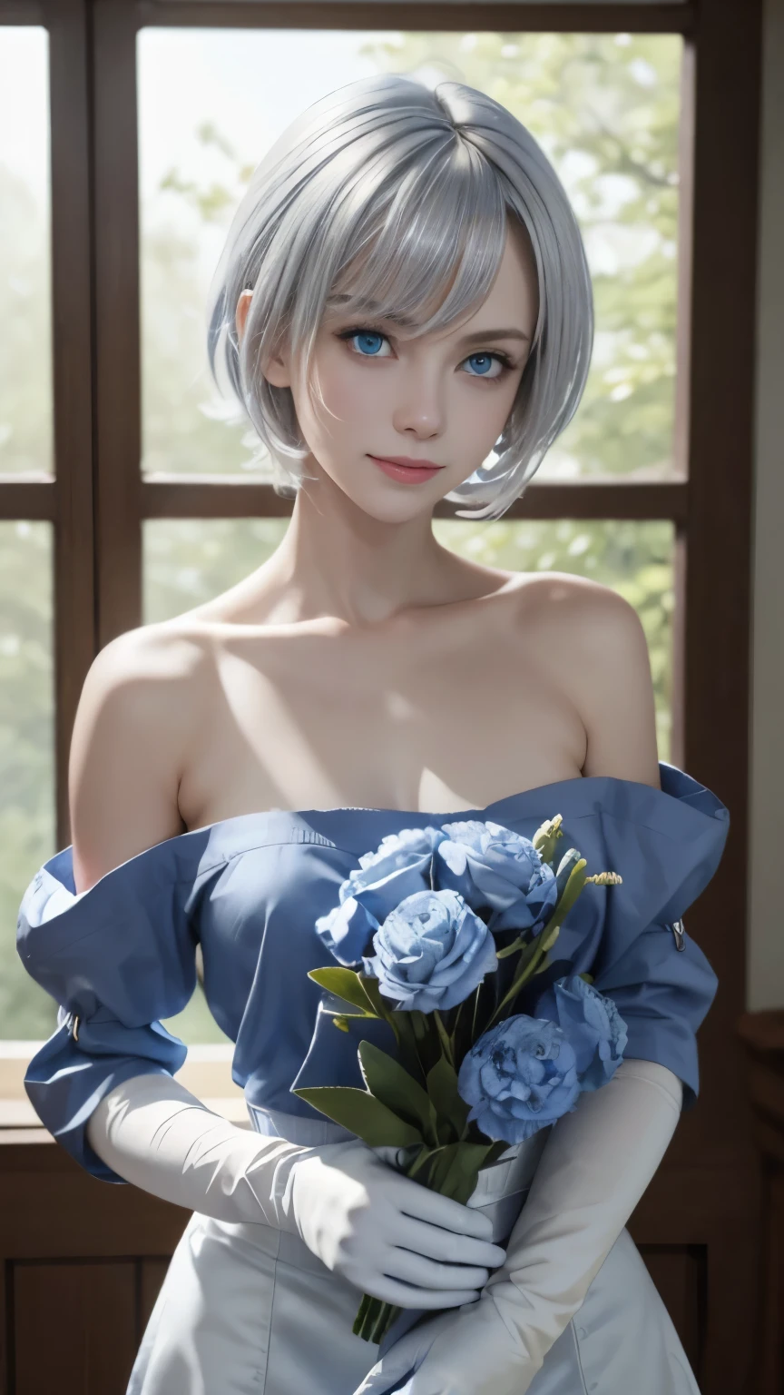 One girl, Bethel, blue eyes, Exposing shoulders, chest,中chest, short hair, platinum silver hair, Hair on one eye, bangs, gloves, No sleeve, alone, shirt, エレガントなgloves, white shirt, No sleeve shirt, Put your arms behind your back, Off the shoulder, horn, smile, Anatomically accurate depiction, (masterpiece), (highest quality), (16k raw photos:1.5), (Super detailed), indoor, Room decorated with flowers,blue flower,Cobalt Blue Flowers々, 