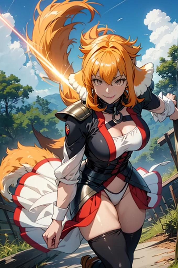 Anime, roxanne, dog ears, (dog tail), flying through the sky, golden leotard armor, In Battle, Chaos, shooting laser beams from hands, masterpiece ,pantyhose, boots,magicalgirl body suit, large skirt, smile, long skirt,standing, forest,smile, gold eyes