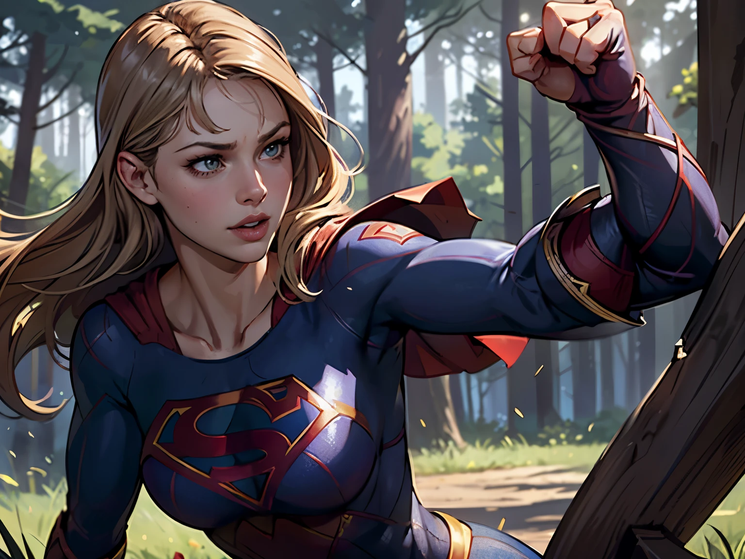 ((highest quality)), ((masterpiece)), (be familiar with), (High definition), (Realistic), (Realistic), (Best Shadow), Low contrast, (Complex:1.4), Side lighting, 8K, ((melissa Benoist)), ((SUPER GIRL)), Perfect Face、Detailed、(Accurate hand and finger depiction)、supergirl women、Blonde、Voluptuous body、Large Breasts、Narrow waist、Big Ass、Alluring、glamorous、(Action Scenes)、((Punching an enemy:1.2))、sweating、On the grass、in the deep forest、blue sky、((Upper body close-up:1.2))