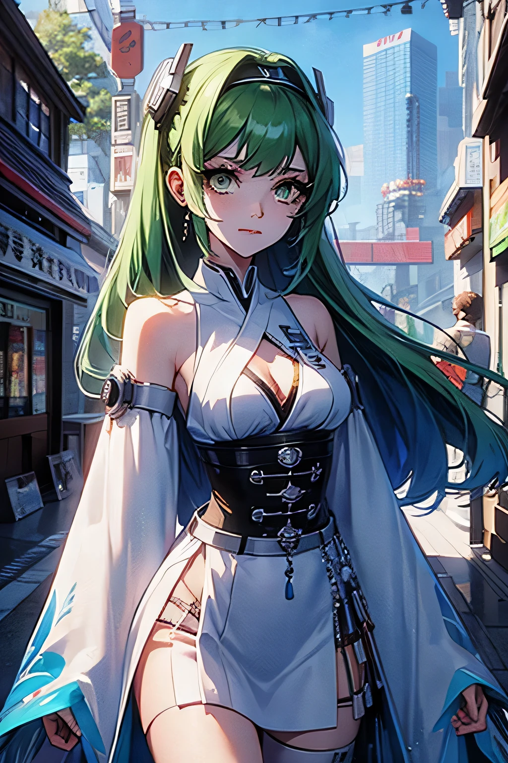 anime girl with green eyes and a white dress holding a green light, perfect android girl, digital cyberpunk anime art, cyberpunk anime girl mech, anime cyberpunk art, cute cyborg girl, cyberpunk anime girl, digital cyberpunk - anime art, female cyberpunk anime girl, anime robotic mixed with organic, artwork in the style of guweiz, cyberpunk anime art, dreamy cyberpunk girl