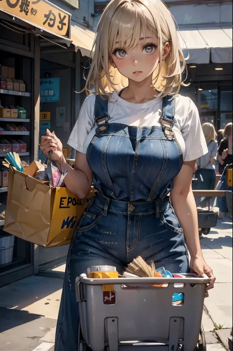 1 Girl, Cowboy shooting, Medium Length Hair, Bangs, Blonde hair, Gray eyes, Dark Skin, cosmetic, sports, Pushing a shopping cart...