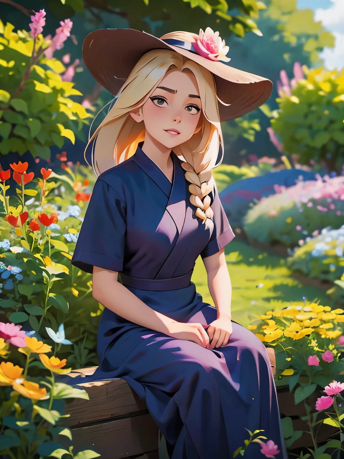 painting of a woman in a dress and hat sitting in a garden, artwork in the style of guweiz, ”beautiful anime woman, beautiful character painting, beautiful anime portrait, by Yang J, made with anime painter studio, guweiz on artstation pixiv, beautiful anime woman, guweiz on pixiv artstation, beautiful anime art, by Ni Tian