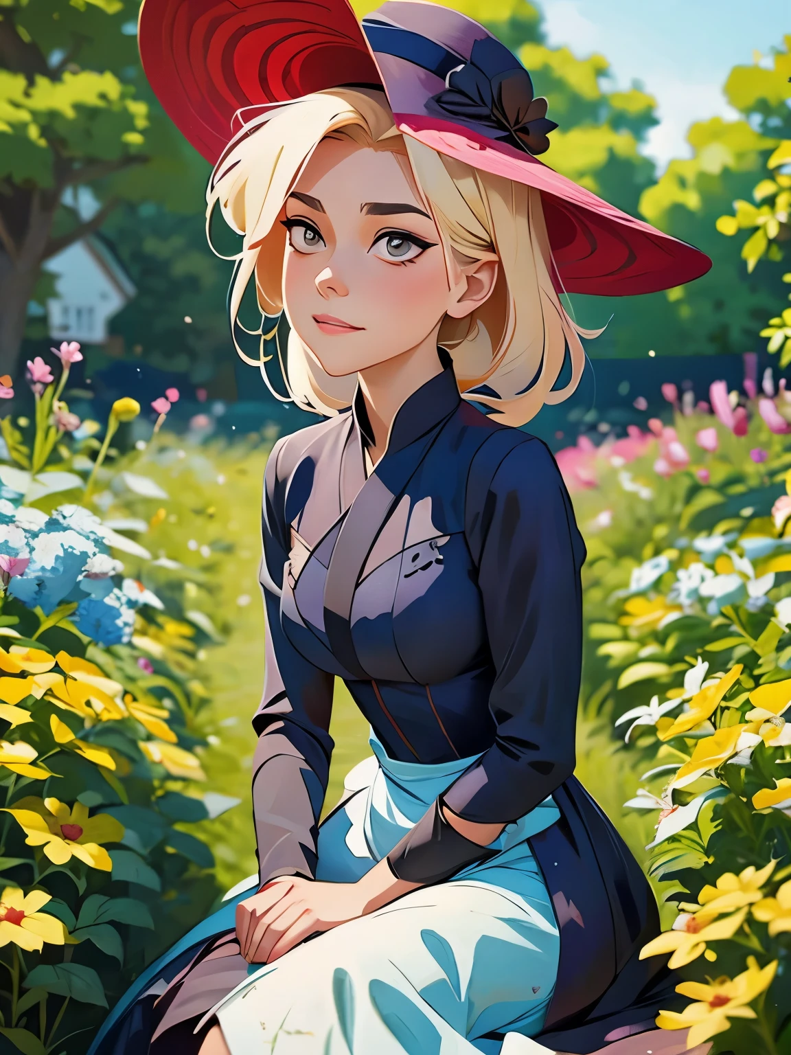 painting of a woman in a dress and hat sitting in a garden, artwork in the style of guweiz, ”beautiful anime woman, beautiful character painting, beautiful anime portrait, by Yang J, made with anime painter studio, guweiz on artstation pixiv, beautiful anime woman, guweiz on pixiv artstation, beautiful anime art, by Ni Tian