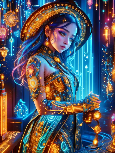 (Neon)，Circuit Board，(1girl:1.3)，(Beautiful Girl:1.2)，Extremely detailed，(Fractal Art:1.2)，Colorful，The most detailed，(zentangle...