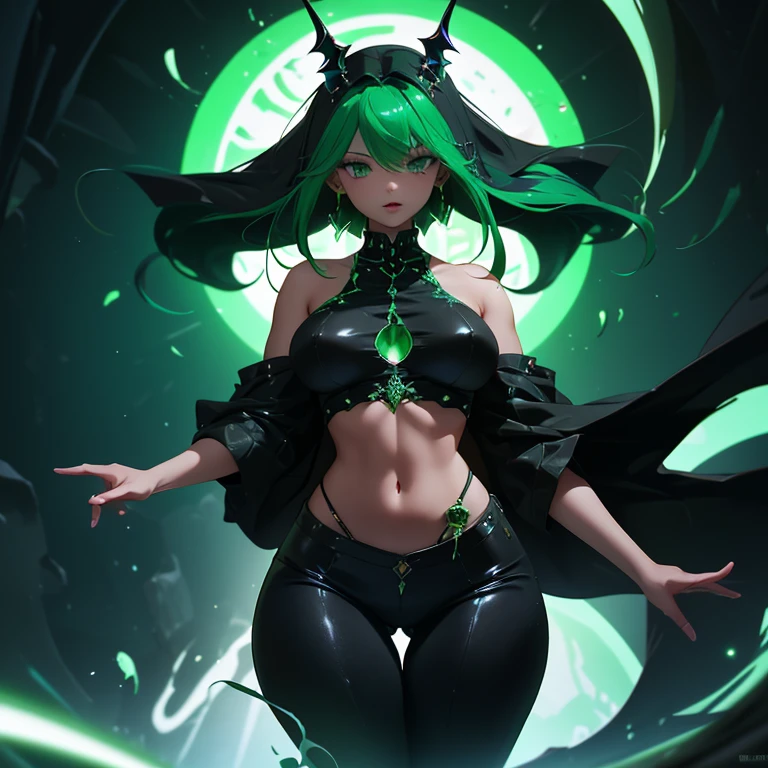 a cartoon drawing of a woman with green hair and black pants, eldritch goddess, colorful muscular eldritch, monstergirl, eldritch color scheme, holy cyborg necromancer girl, green colored skin!!, long haired humanoid fursona, dark fae, anime monster girl, evil aura, eldritch being, huge thighs, gigantic butt, huge hips, big breasts, very small waist, 