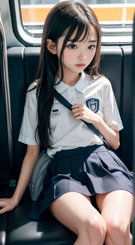 10-year-old girls，Thin and thin，long hair details，It's a school bag，，ultraclear，Top image quality，elementary student，cleanness，Sweat Wet，Sitting in schoolbus，legs long，nsfw, legs apart, cum on legs, semen dripping on legs, legs closeup