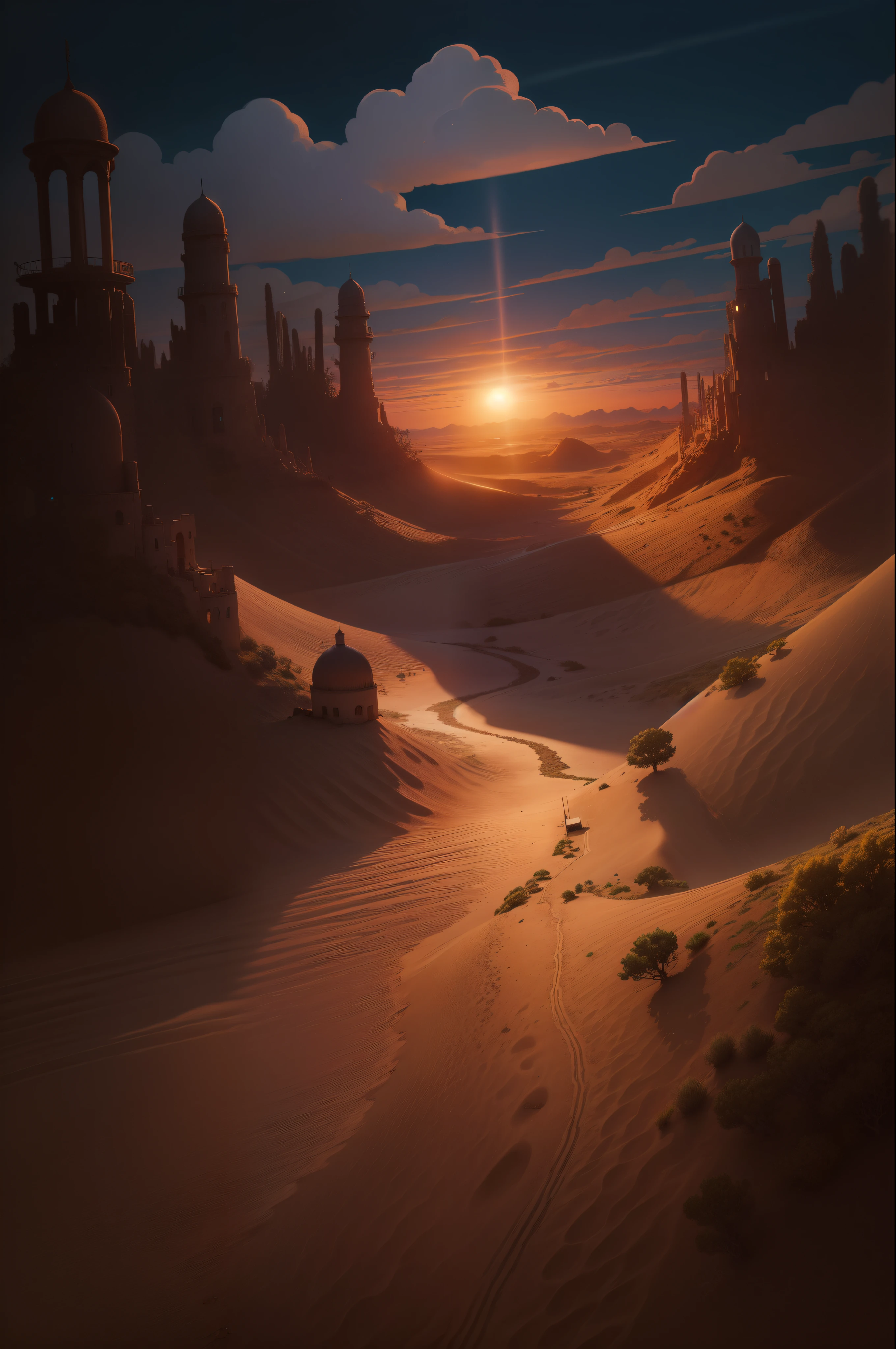 wide view, ghibli anime lineart style, fantasy desert, twilight splendor, shadows, lone caravan, swirling hues of indigo and gold, footsteps imprinted on sand, lush oase on dunes, spires of crystal sand, dramatic cloudy sky, vast open sky, silence, like movie scene, beautiful tones, scenery, beautiful ambience, 8k, volumetric light, peaceful scene, micro landscape, intrinsic details