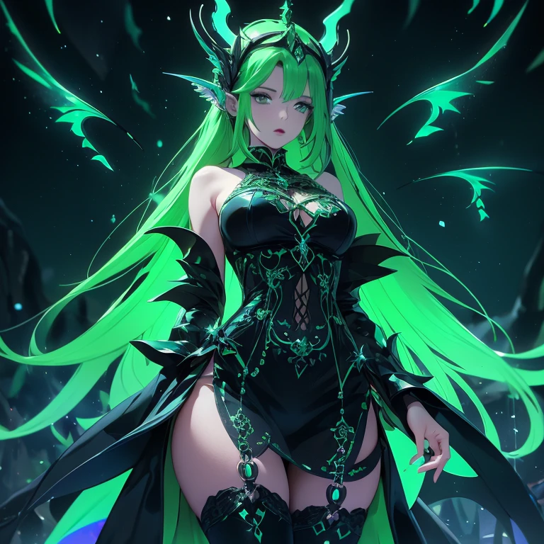 a cartoon drawing of a woman with green hair and black pants, eldritch goddess, colorful muscular eldritch, monstergirl, eldritch color scheme, holy cyborg necromancer girl, green colored skin!!, long haired humanoid fursona, dark fae, anime monster girl, evil aura, eldritch being, huge thighs, gigantic butt, huge hips, big breasts, very small waist, 