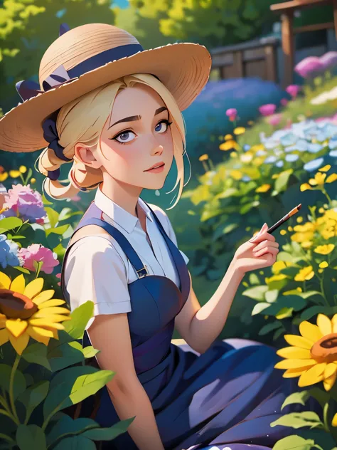 painting of a woman in a dress and hat sitting in a garden, an anime drawing by Yang J, Artstation, fantasy art, artwork in the ...
