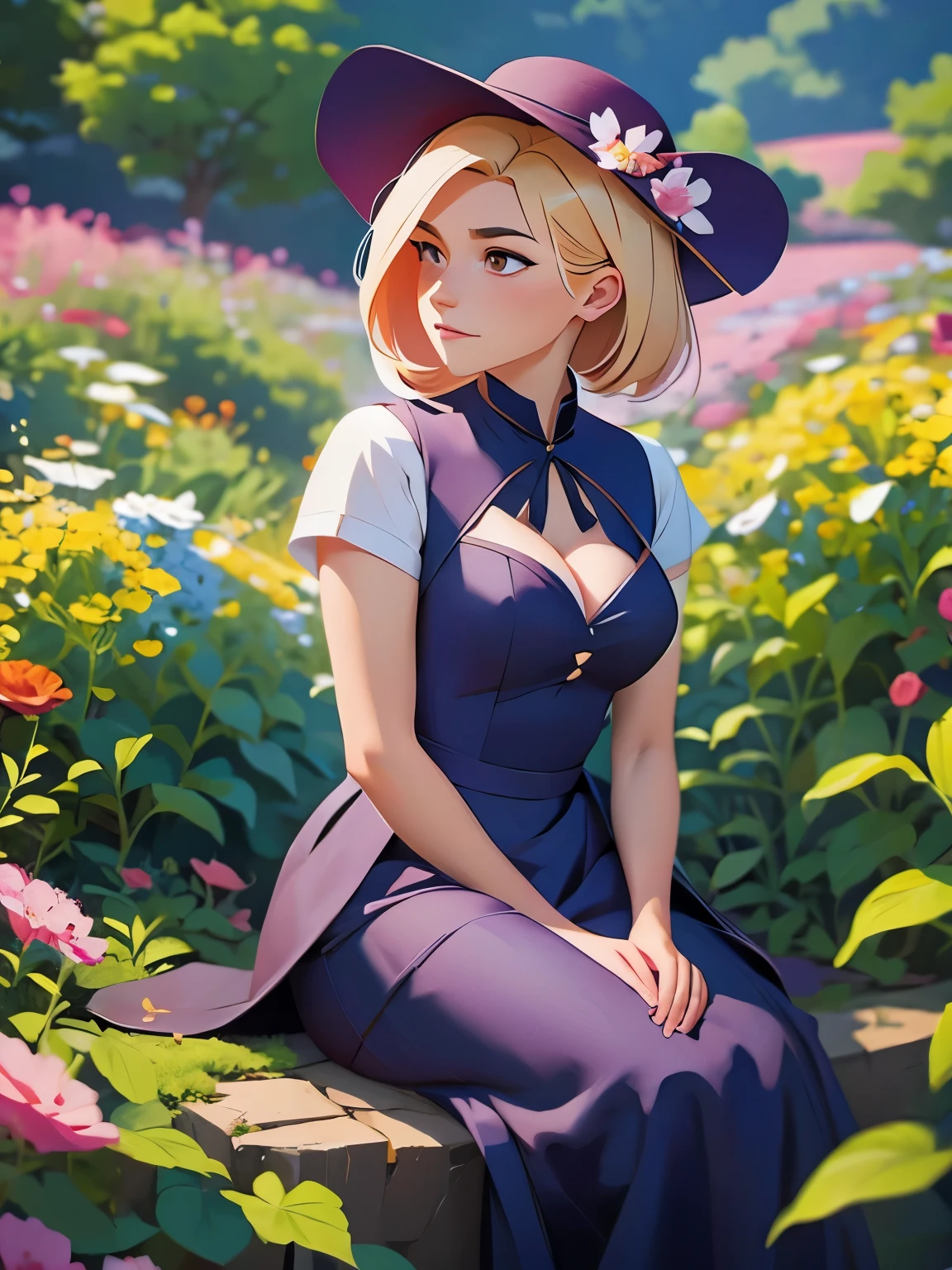 painting of a woman in a dress and hat sitting in a garden, an anime drawing by Yang J, Artstation, fantasy art, artwork in the style of guweiz, ”beautiful anime woman, beautiful character painting, beautiful anime portrait, made with anime painter studio, guweiz on artstation pixiv, beautiful anime woman