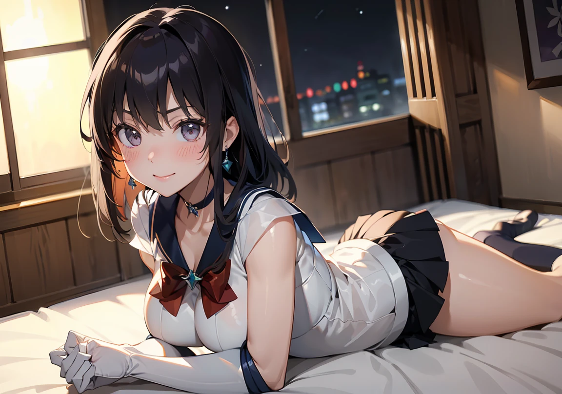 master piece,best quality,ultra detailed,8k, ambient light,realistic skin,glossy skin,cute, （sailor_saturn）、lie on bed、 （dynamic pose：1.3）、（the body is very wet：1.5）、Glossy lips、Slightly emphasize the lower lip、blush、smile、emphasizing the cleavage、 Fantastic night sky、Saturn、Aurora、horizon、Open-air bath、Japanese Inn Futon