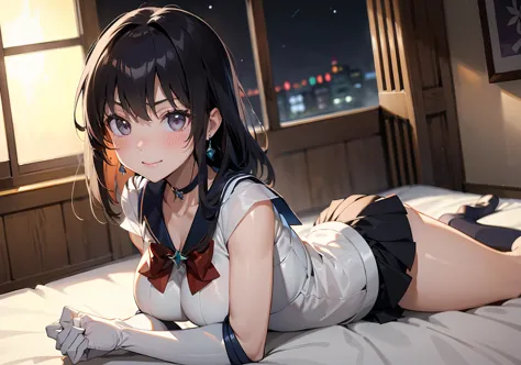 master piece,best quality,ultra detailed,8k, ambient light,realistic skin,glossy skin,cute, （sailor_saturn）、lie on bed、 （dynamic...