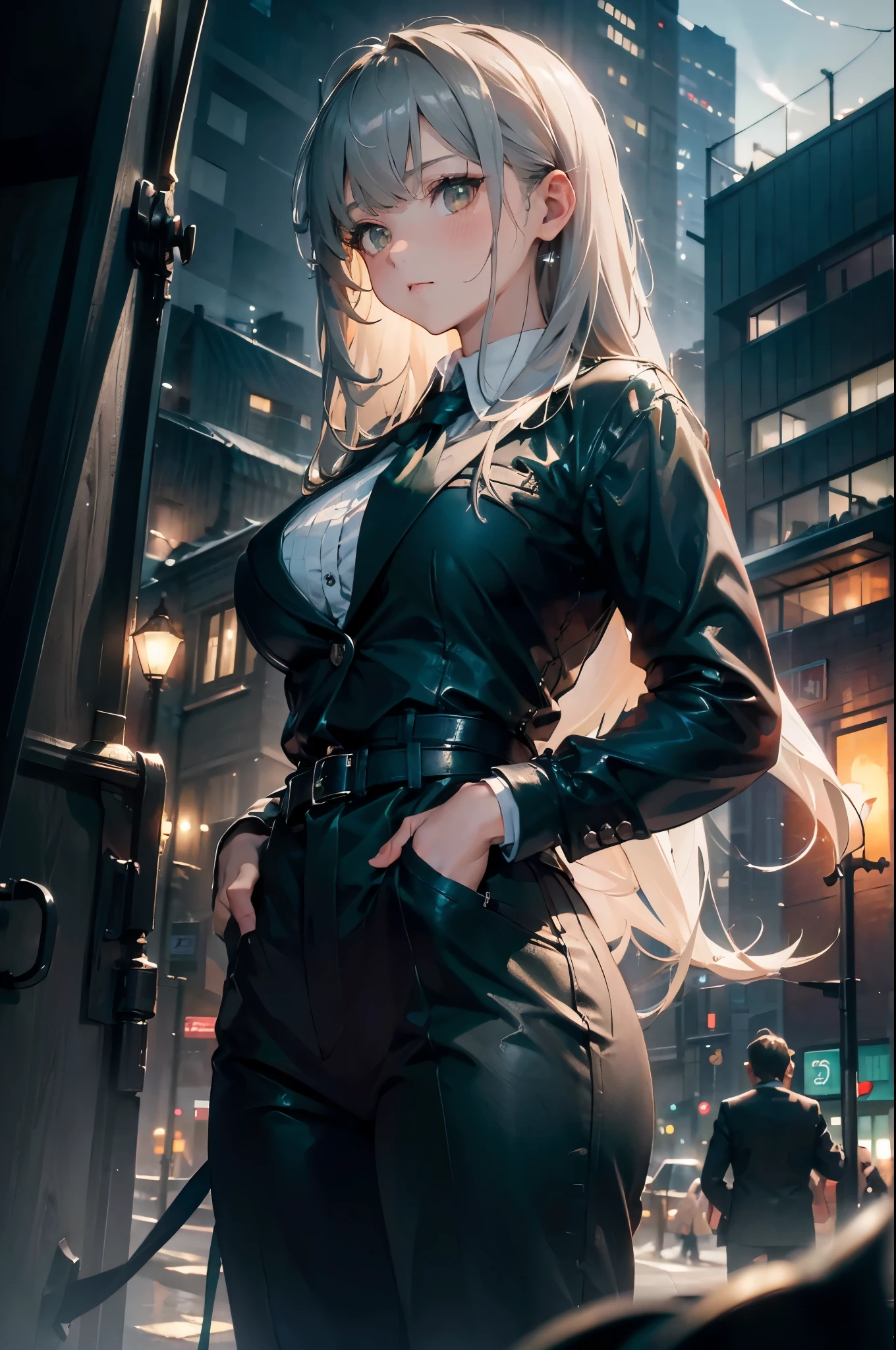 (masterpiece, best quality),(((From below, Depth of Field, Hook of Holland, green lighting))), Flowing hair, 1 Girl, Solitary, formal, Hands in pockets, Set, Black gloves, architecture, Looking at the audience, Black tie, fingerless gloves, White shirt, City, outdoor, Black jacket, belt, Black pants, Collared shirt, Brown eyes, permanent, Long sleeve, Gray hair, Cityscape, Open jacket, Cowboy shooting, Skyscraper, black Set, night, pant Set, Very long hair，（（Very large breasts）），（（Grooves reveal original skin））