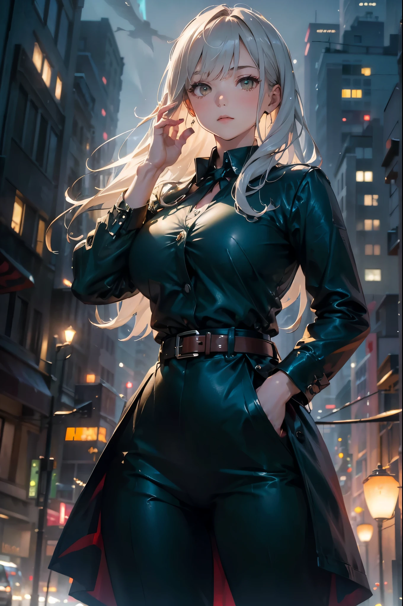 (masterpiece, best quality),(((From below, Depth of Field, Hook of Holland, green lighting))), Flowing hair, 1 Girl, Solitary, formal, Hands in pockets, Set, Black gloves, architecture, Looking at the audience, Black tie, fingerless gloves, White shirt, City, outdoor, Black jacket, belt, Black pants, Collared shirt, Brown eyes, permanent, Long sleeve, Gray hair, Cityscape, Open jacket, Cowboy shooting, Skyscraper, black Set, night, pant Set, Very long hair，（（Very large breasts）），（（Grooves reveal original skin））