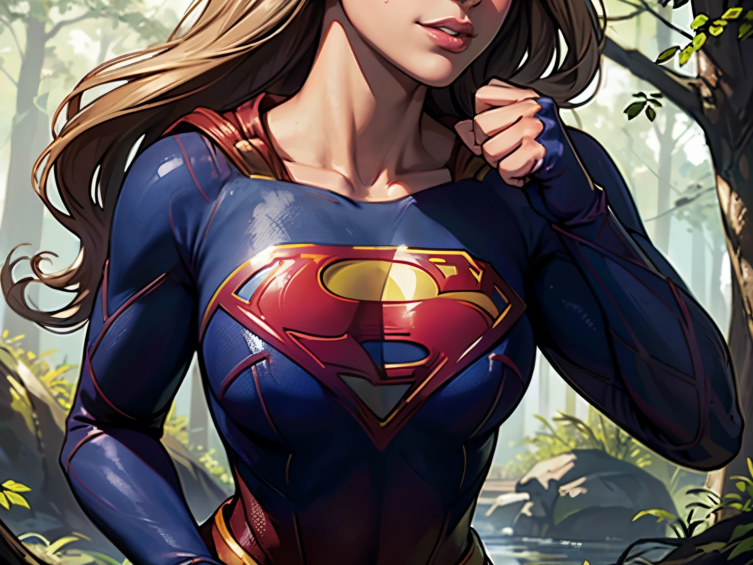 ((highest quality)), ((masterpiece)), (be familiar with), (High definition), (Realistic), (Realistic), (Best Shadow), Low contrast, (Complex:1.4), Side lighting, 8K, ((melissa Benoist)), ((SUPER GIRL)), Perfect Face、Detailed、(Accurate hand and finger depiction)、supergirl women、Blonde、Voluptuous body、Large Breasts、Narrow waist、Big Ass、Alluring、glamorous、(Action Scenes)、((Punching an enemy:1.2))、sweating、On the grass、in the deep forest、blue sky、((Upper body close-up:1.2))