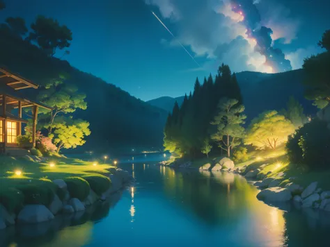 StudioGhibliStyleHMC, river, lights in river, pactolus river, cosmic ocean, otherworldly place, landscape, floating lights, fireflies, waterfall, stars