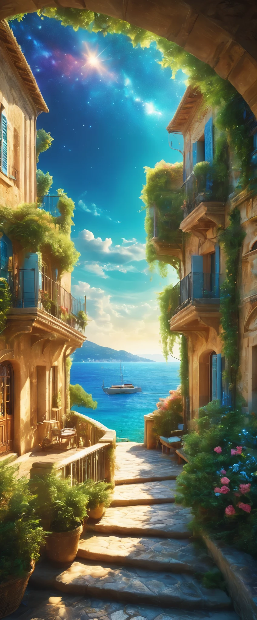 Cote d&#39;Azur:South of France:A coastline known as a scenic resort,Resort scenery,holiday,美しい風景photograph,Fantasy,Dreamy,Beautiful sea,高品質でwonderful家具:Designer furniture,A beautiful sky spreads out,dream-like,summer,cloud,Sky blue,Marine blue,wonderful景色が広がる,Luxury Resorts,Extravagant space,Soft mouth cap,Surrounded by abundant nature,Highestの時間をあなたに,Highest品質,photograph,Structurally correct,Perfect composition,広告用に撮影されたphotograph,Beautiful light and shadow,Photographed by a professional photographer,Highestのリゾート地に選ばれた,Rich colors,Cast colorful spells,detailed,wonderful,wonderful,South of France,Light effects,Glitter,reflection,night,night空,star,Highest