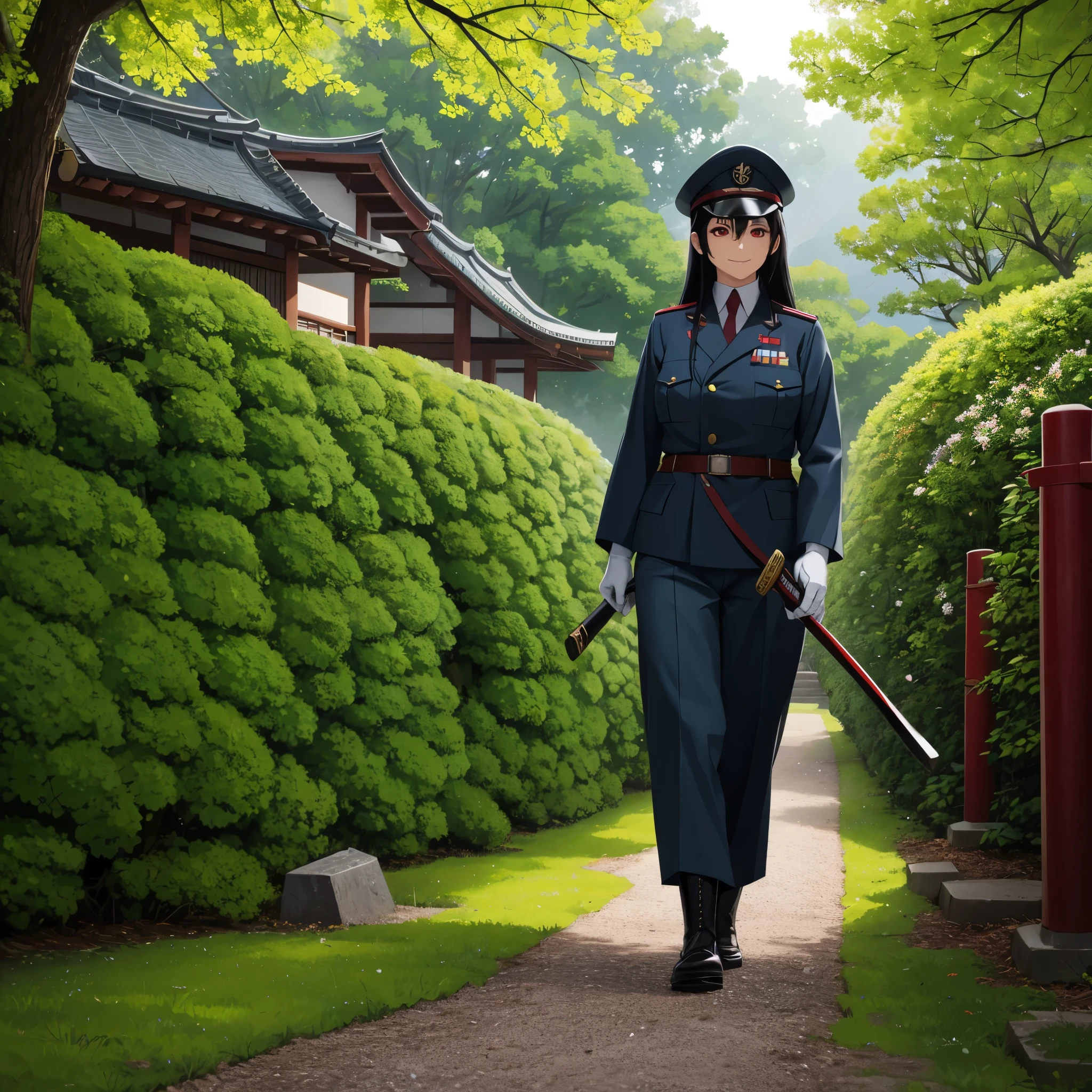 une femme portant un uniforme militaire japonais de la Seconde Guerre mondiale, chapeau militaire japonais vert mousse, Pantalon vert mousse, bottes militaires, tenir un katana sans étui, longs cheveux noirs, les yeux rouges, gants blancs, souriant, Tout le corps, marcher dans un jardin japonais avec une base militaire en arrière-plan,hdr, Ultra résolution, bien défini, chef-d&#39;œuvre, 8k HD. (femme seule)
