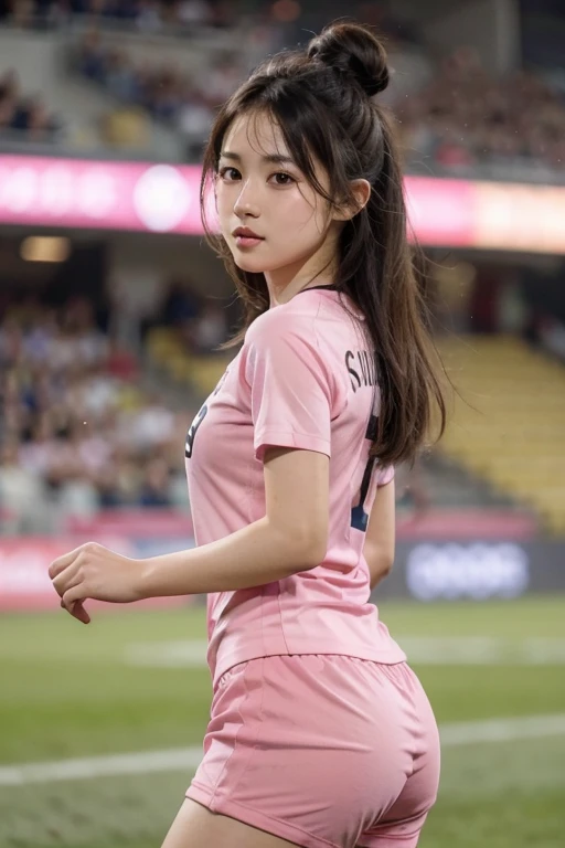 beautiful detail, best quality, 8k, highly detailed face and skin texture, high resolution, cute asian girl in pink soccer uniform at stadium, sharp focus