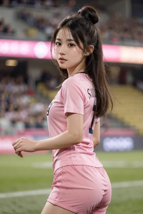 beautiful detail, best quality, 8k, highly detailed face and skin texture, high resolution, cute asian girl in pink soccer unifo...